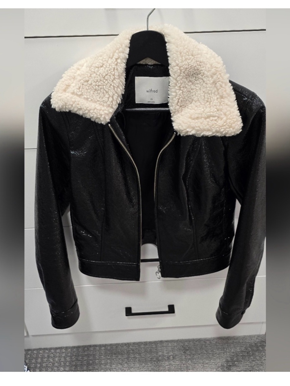 Wilfred Black Faux Leather Jacket with Cream Sherpa Collar